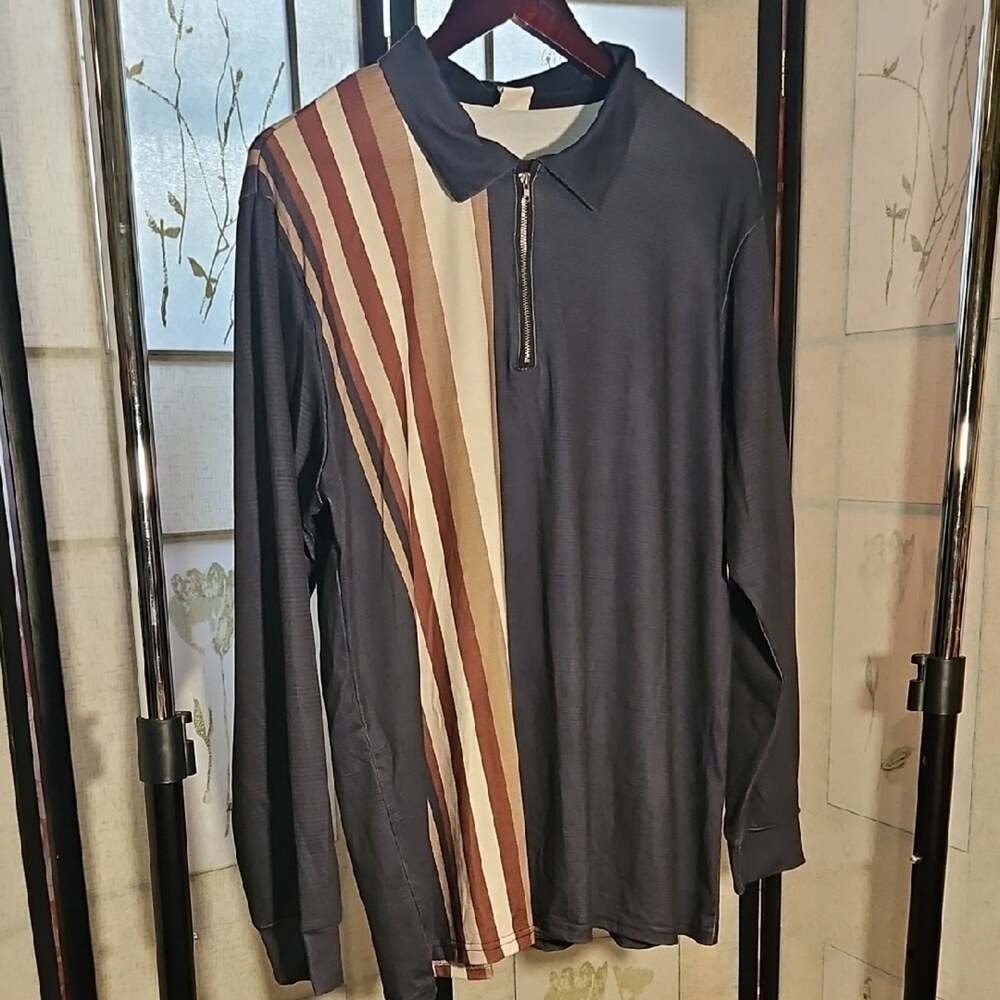 Blue Casual Half-Zip Shirt with Striped Panel